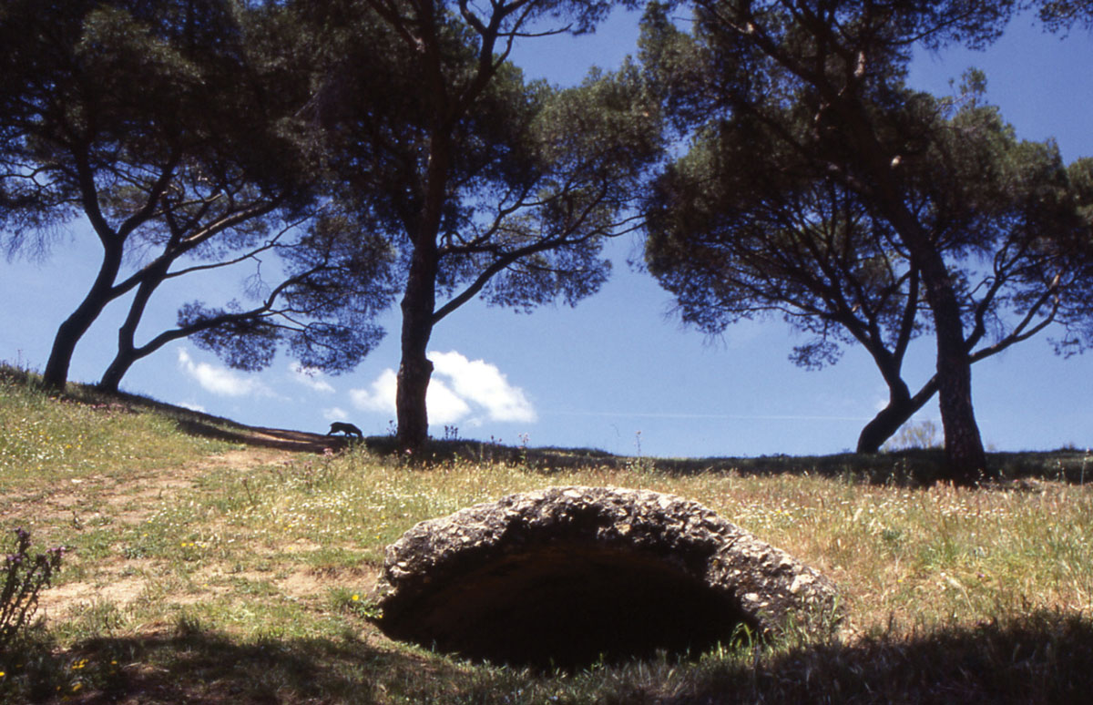 A photograph of the opening to a bunker embedded in the hillside.