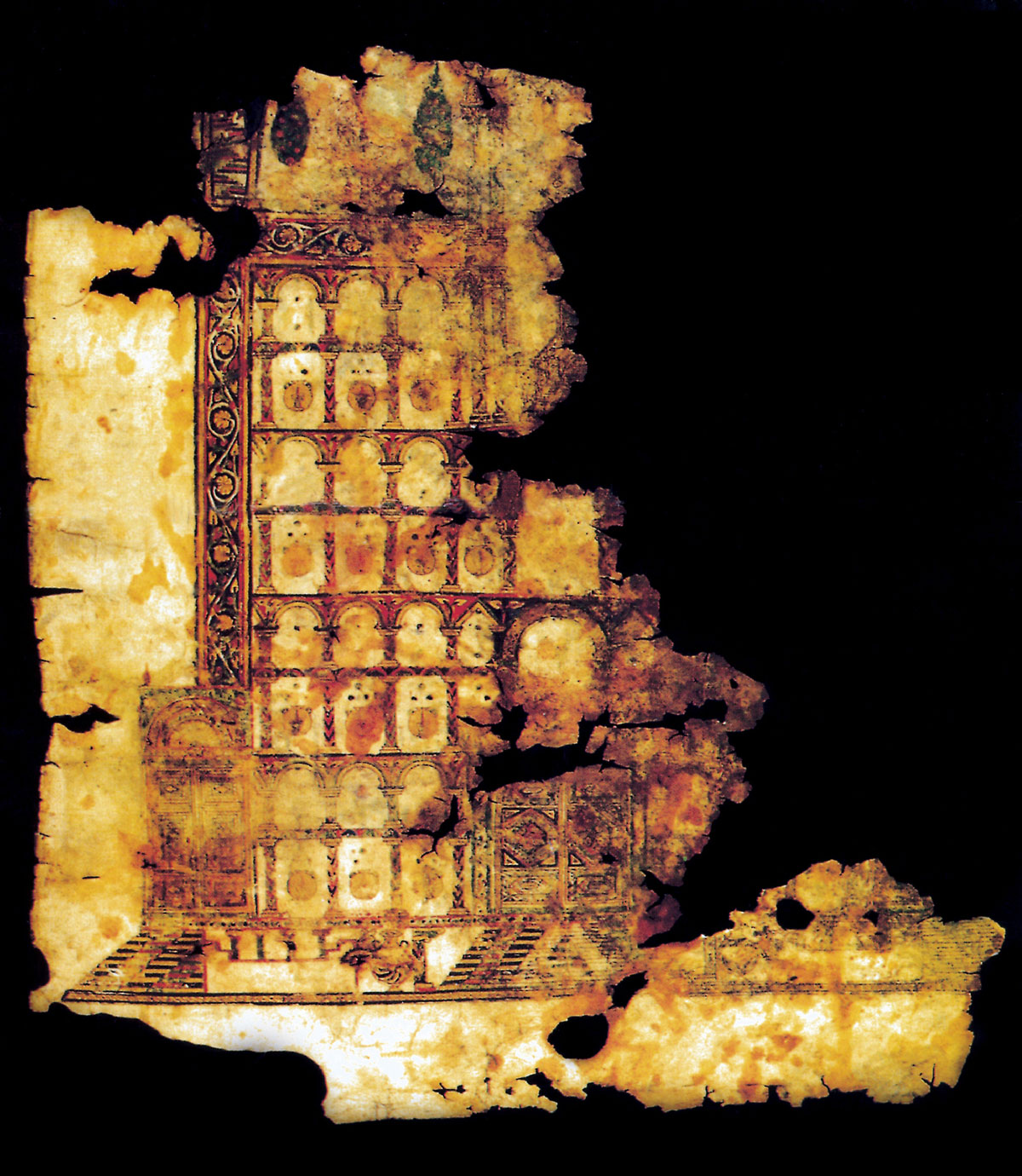 Photograph of an illustrated Koran frontispiece fragment, circa 8th century, from the Great Mosque in Sanaa, Yemen.