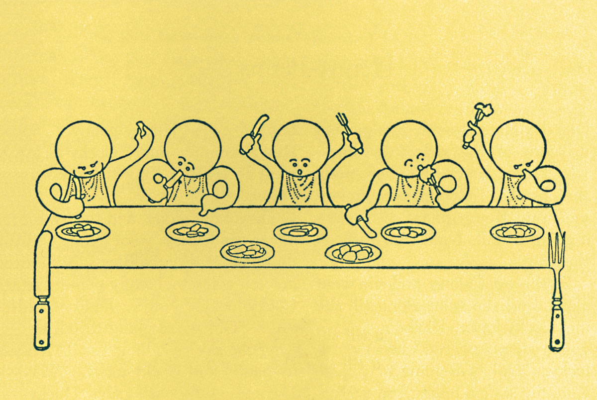 1900 illustration of characters eating at a long table from Gelett Burgess’s publication entitled Goops and How to Be Them.