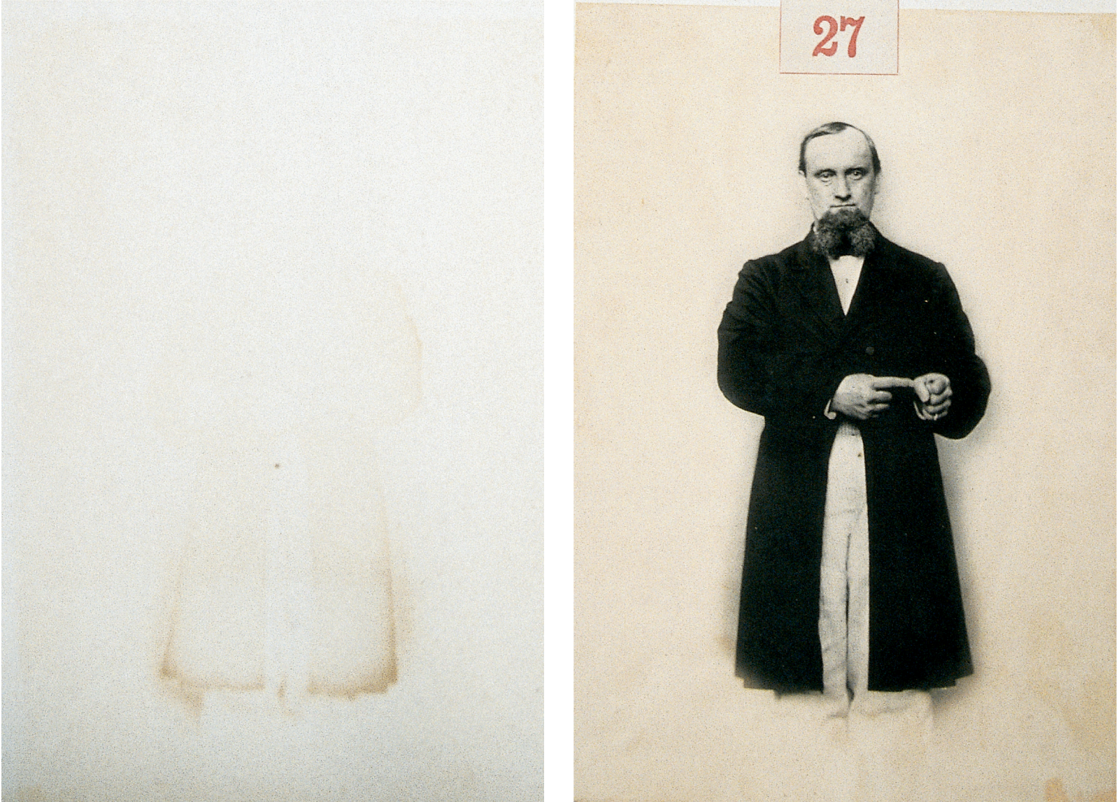 Two adjacent pages from “The Album of Unwritten Work.” On the right is a photograph depicting a man performing a secret gesture, and on the facing page is the ghostly mirror image of the man, which has been produced by a chemical reaction.