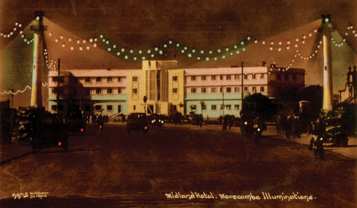 A hand-colored photograph of the Art Deco Midland Hotel, constructed in 1933, captured in its prime.