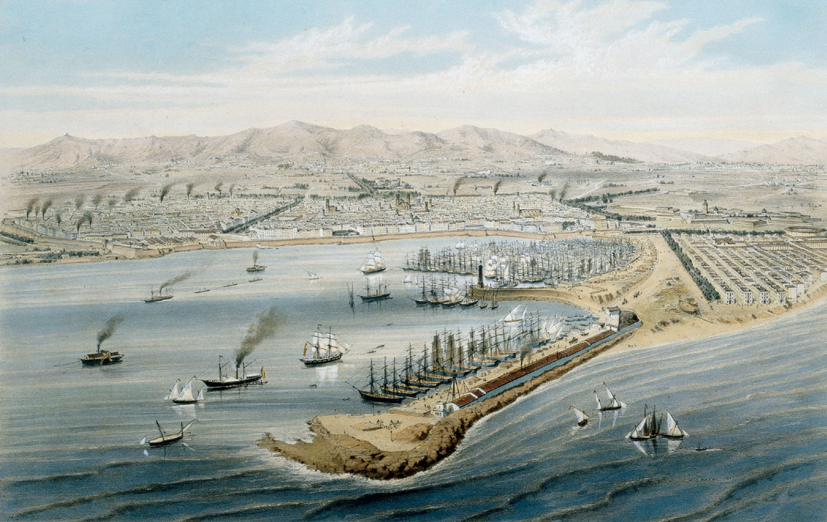 A painting depicting Barcelona at the time of Monturiol’s adventures, showing the city's coastline surrounded by docked ships.