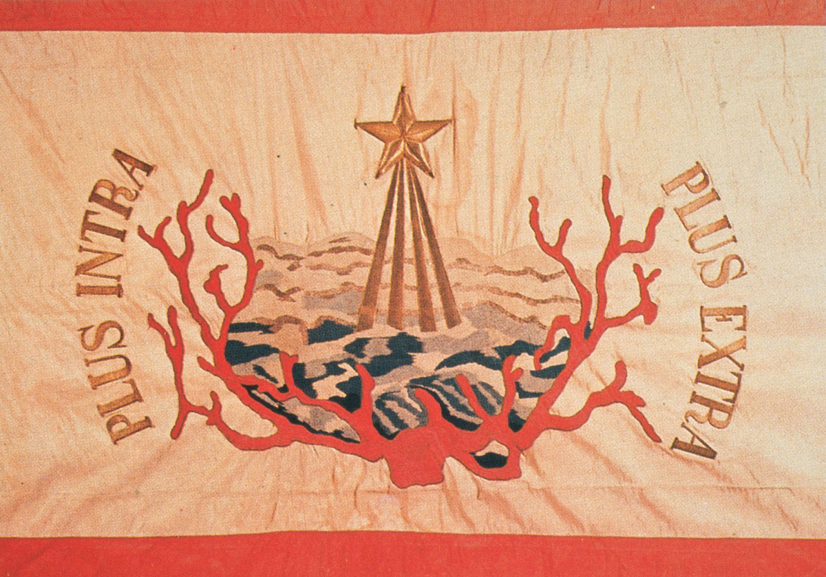 A photograph of the flag designed for Ictíneo 1 by Monturiol’s wife. The flag depicts a star casting a beam of light on the ocean bed, framed by coral and the words 