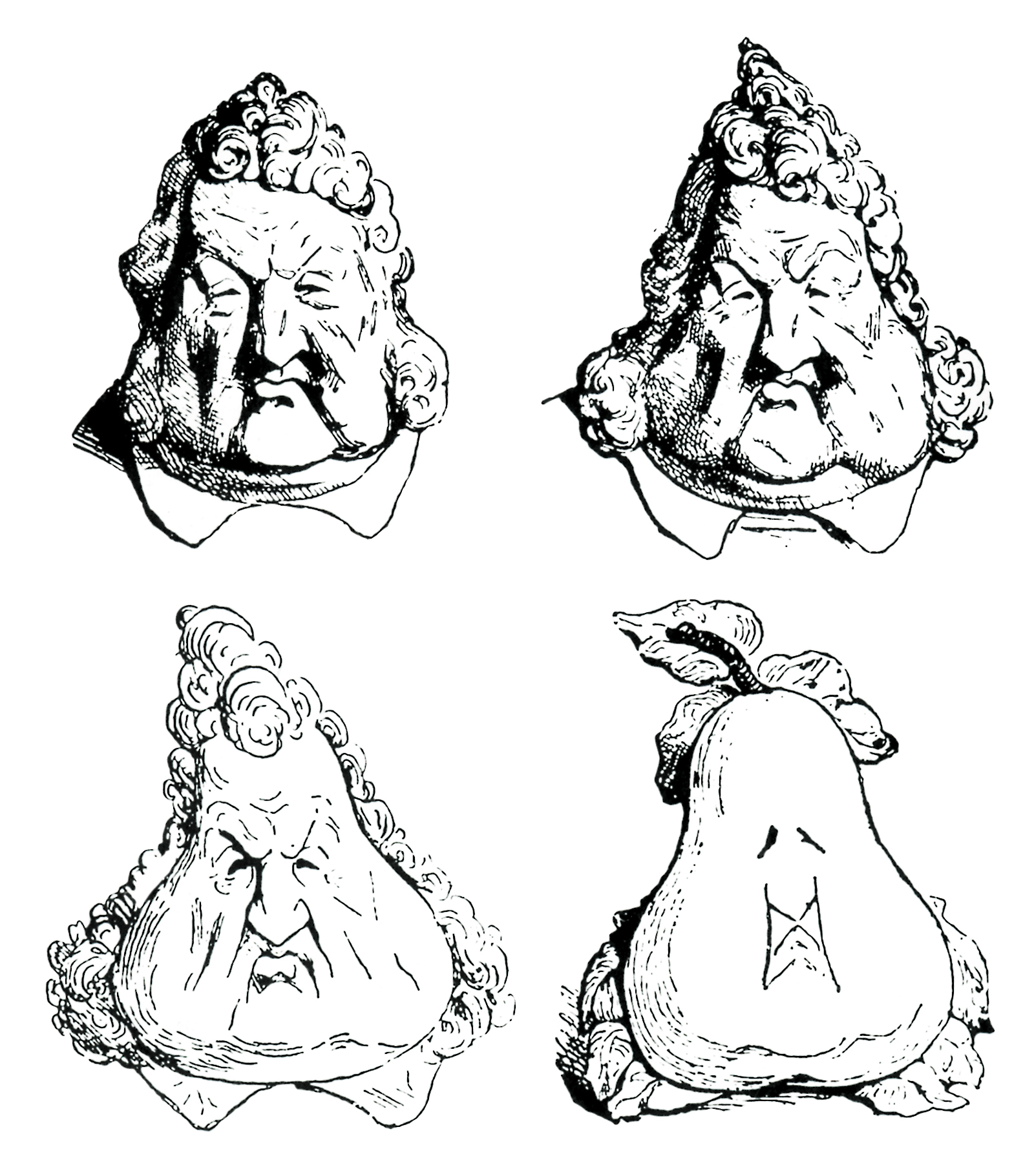 A series of caricatures from the 1830s depicting the gradual transformation of King Louis-Philippe’s face into a pear. 