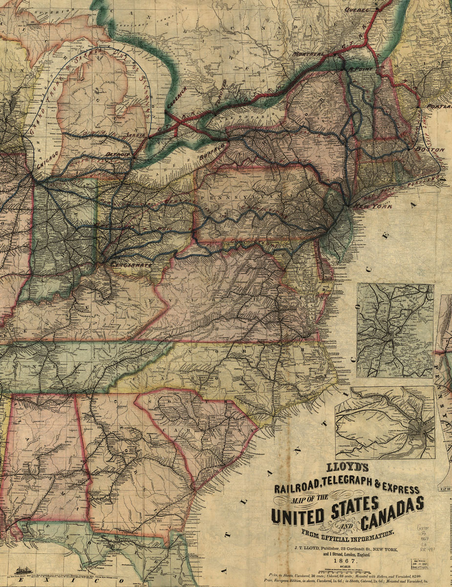 An 1867 map depicting railroad and telegraph lines in the United States.