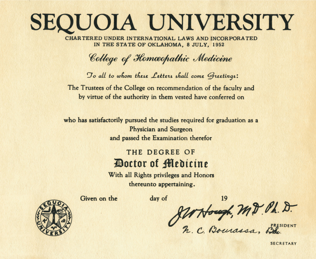 A fake diploma from Sequoia University.