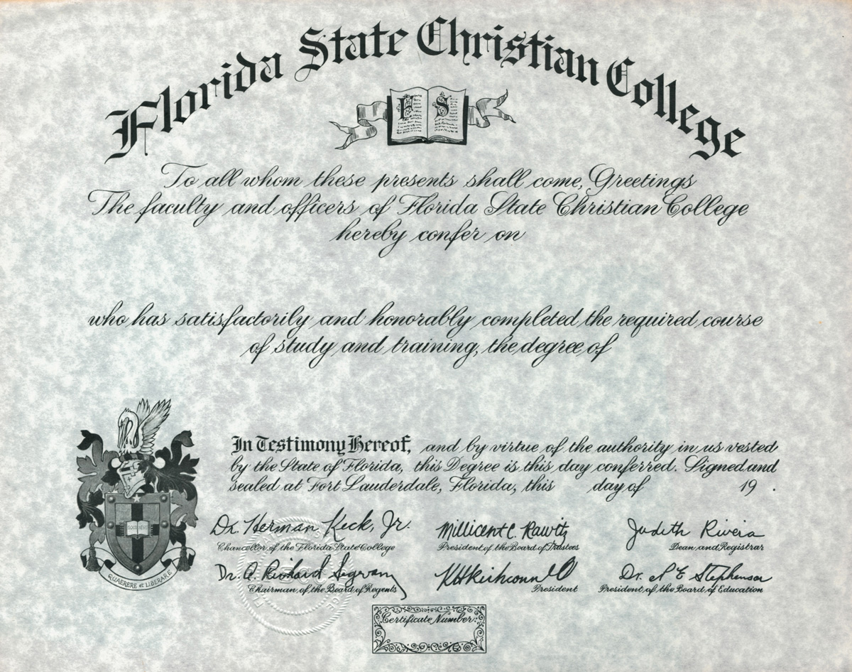 A fake diploma for Florida State Christian College.