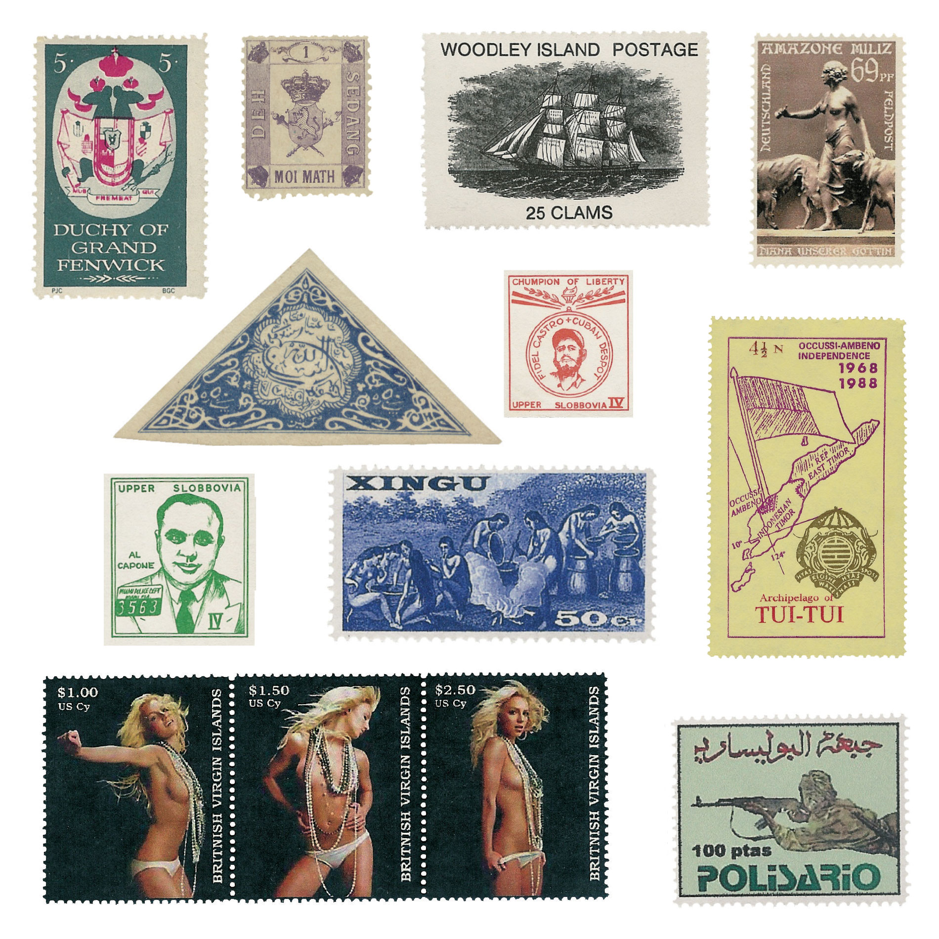 An array of “Cinderella” postage stamps from the authors’ collection.