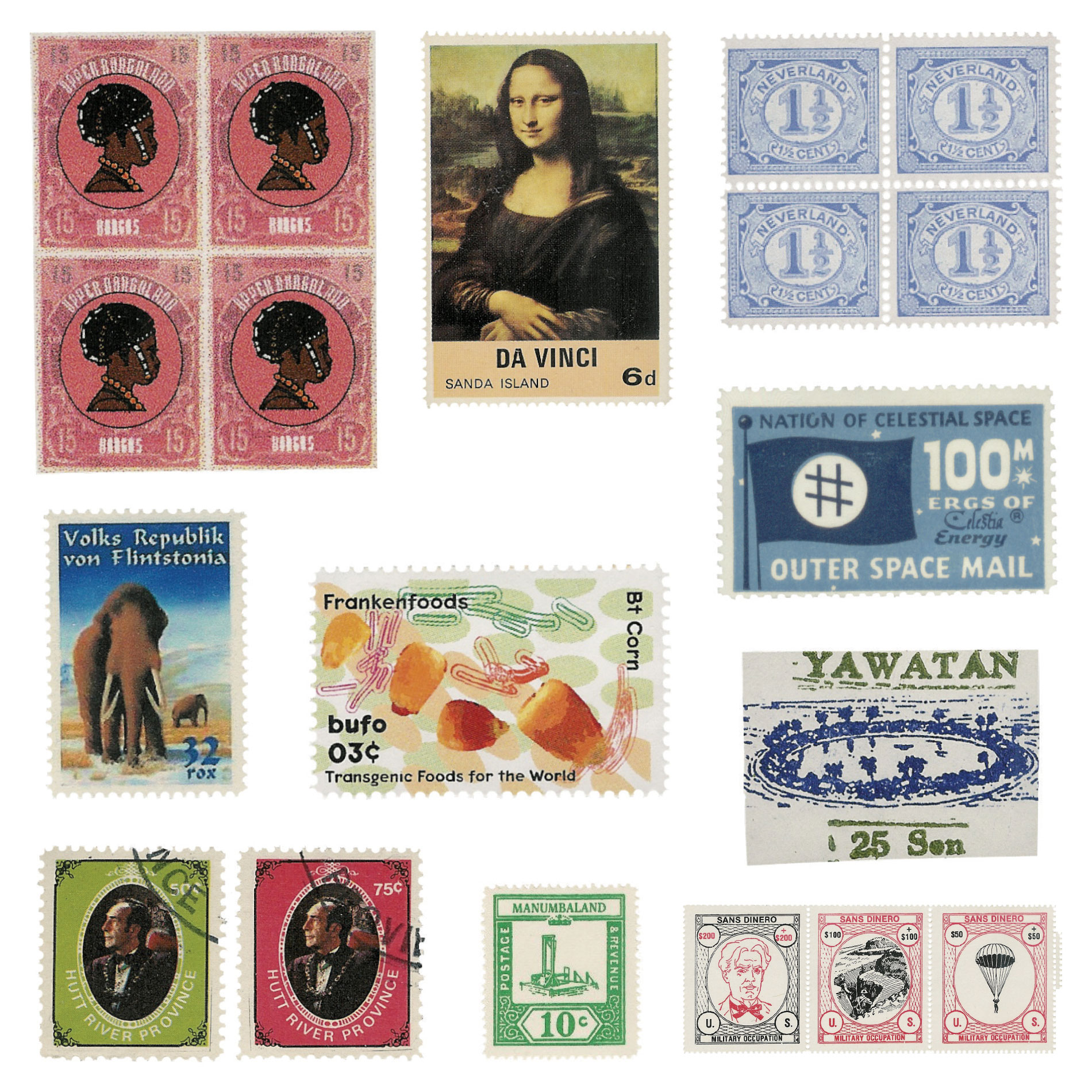 An array of fantasy postage stamps from the authors’ collection.
