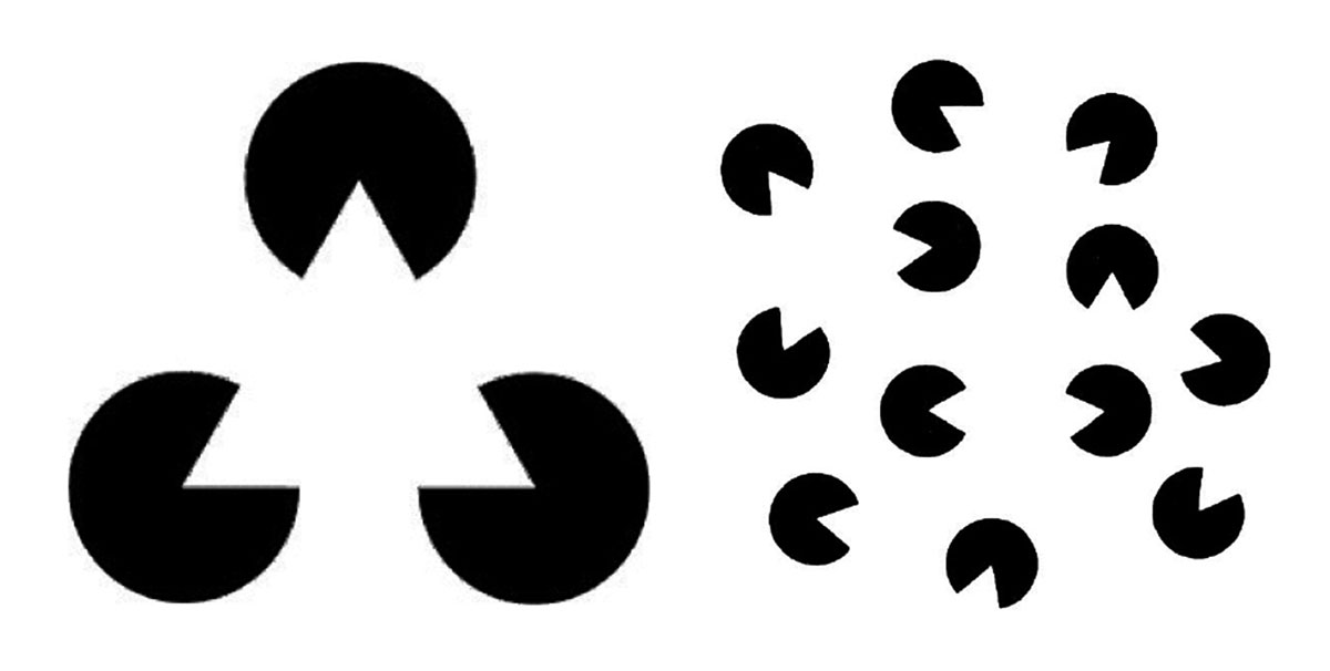 Three Pac-Man shapes with their open mouths forming a triangle, beside a group of individual Pac-Man forms. 
