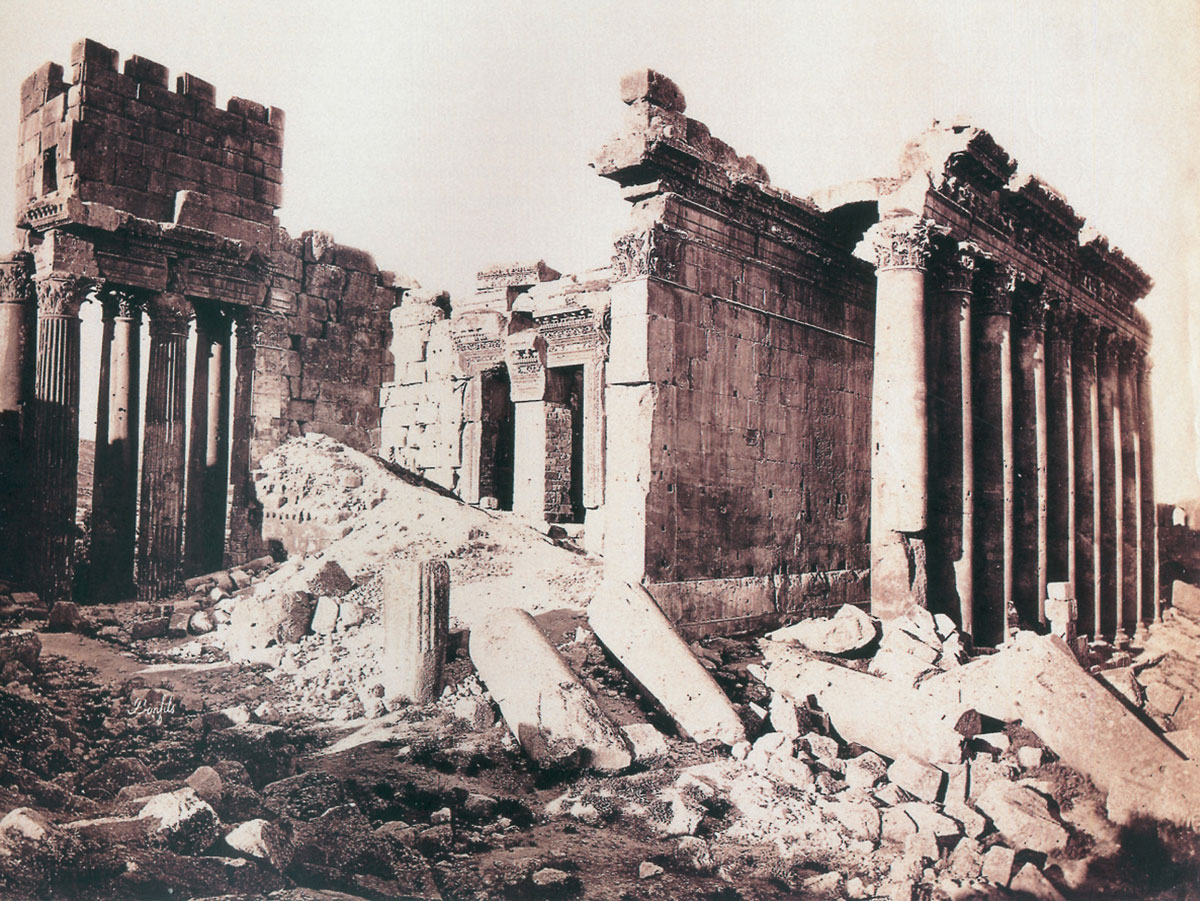 An eighteen seventies photograph by Félix Bonfils, Baalbek titled “Temple of Jupiter, front view,” depicting the ruin.