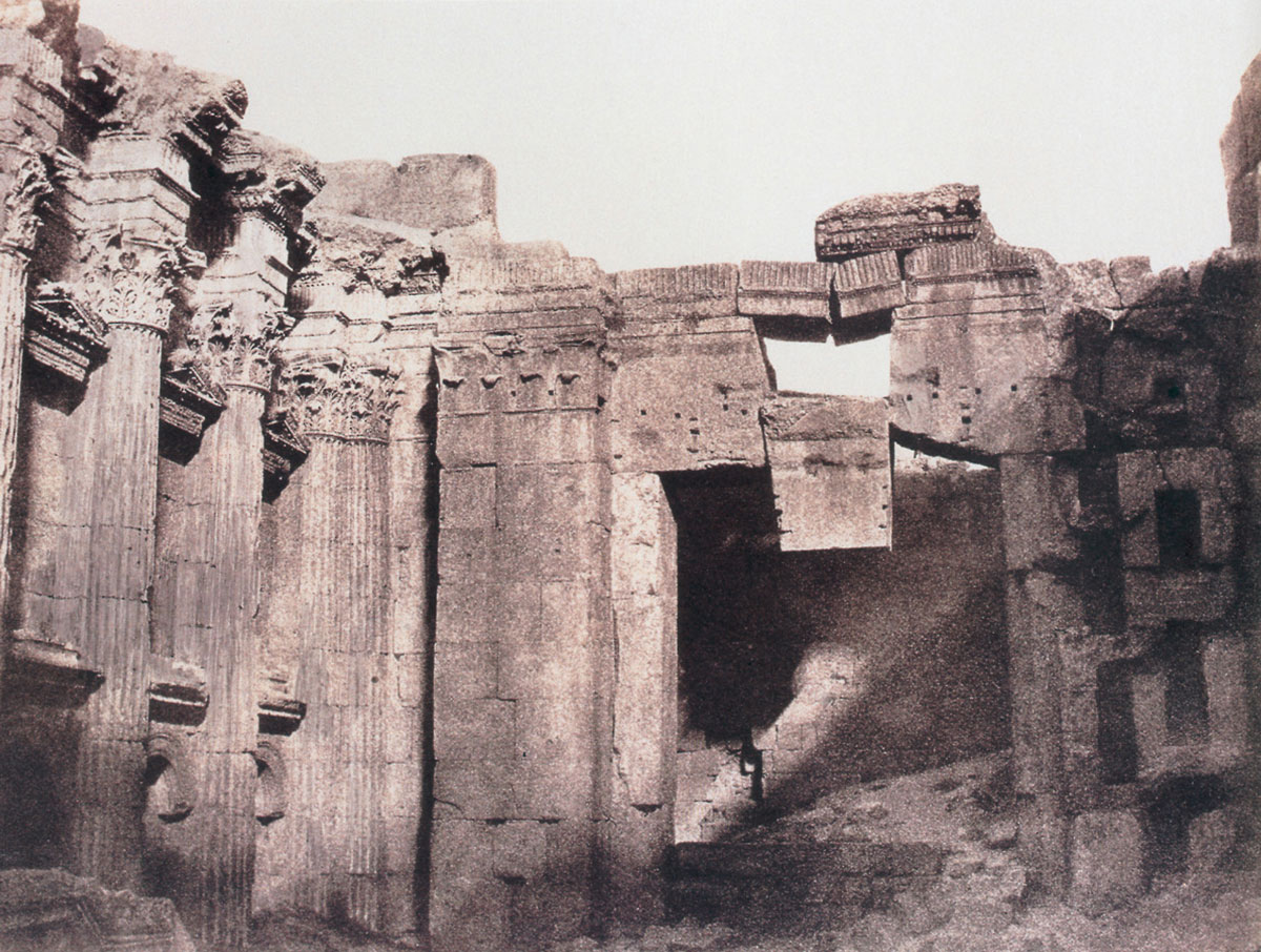 An eighteen fifty-nine photograph by Louis de Clercq titled “Baalbek (Heliopolis), interior of the Temple of Jupiter,” depicting the ruin.
