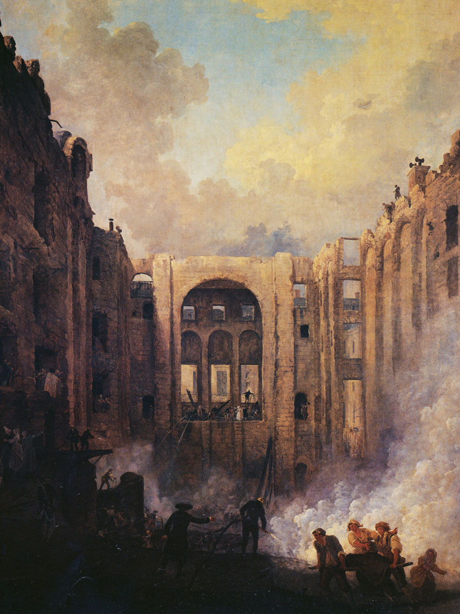 Hubert Robert’s 1781 painting titled “Burning of the Opera in the Palais-Royal.” 