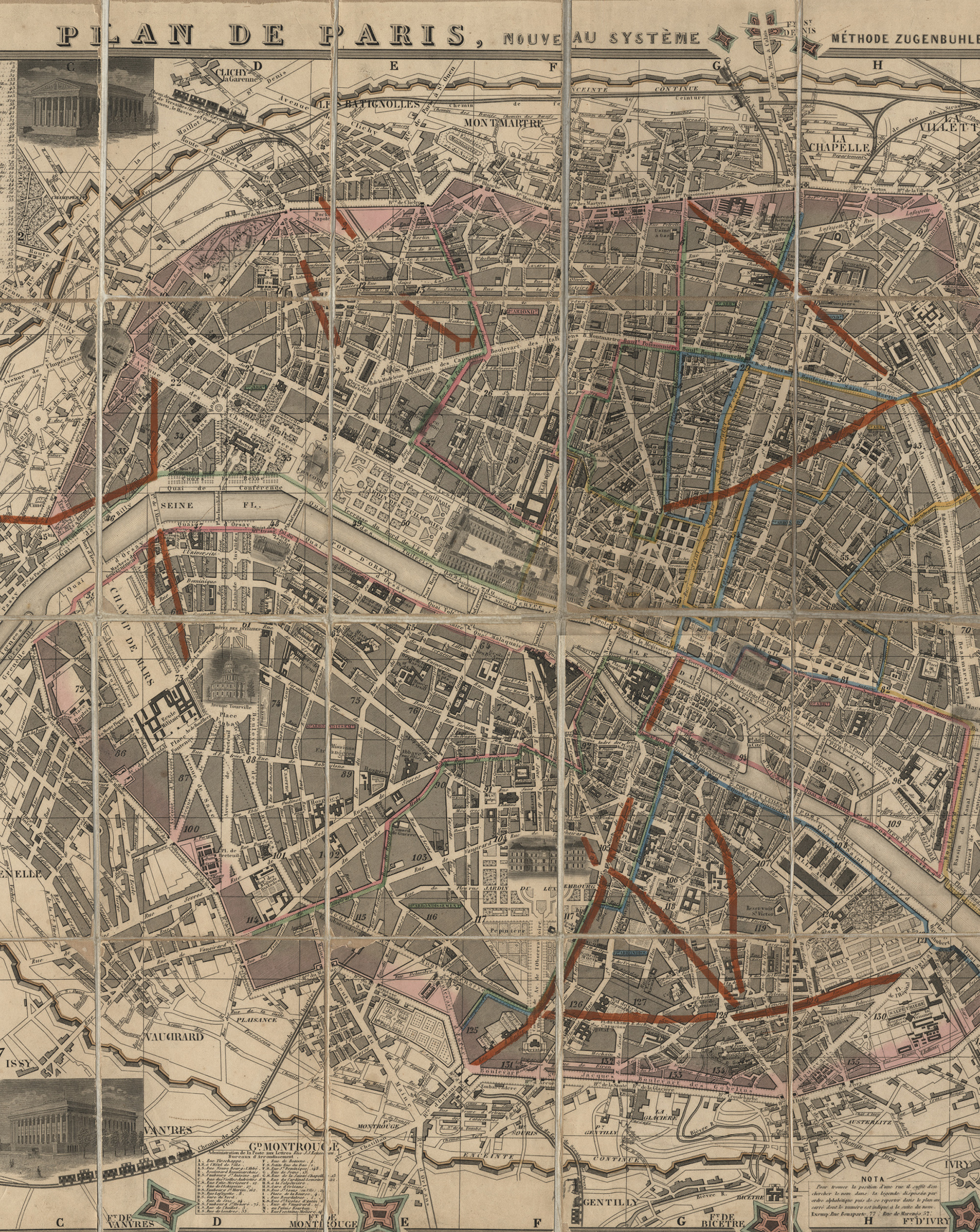 One of a series of nineteenth-century annual maps depicting the projected road construction of Paris. This 1859 map includes the cut for the new rue Monge which would uncover the arènes de Lutèce.