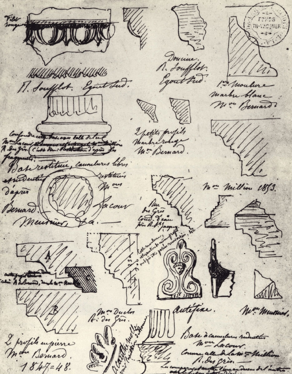 Théodore Vacquer’s circa 1847 sketches of artifacts excavated from the forum on rue Sufflot. 