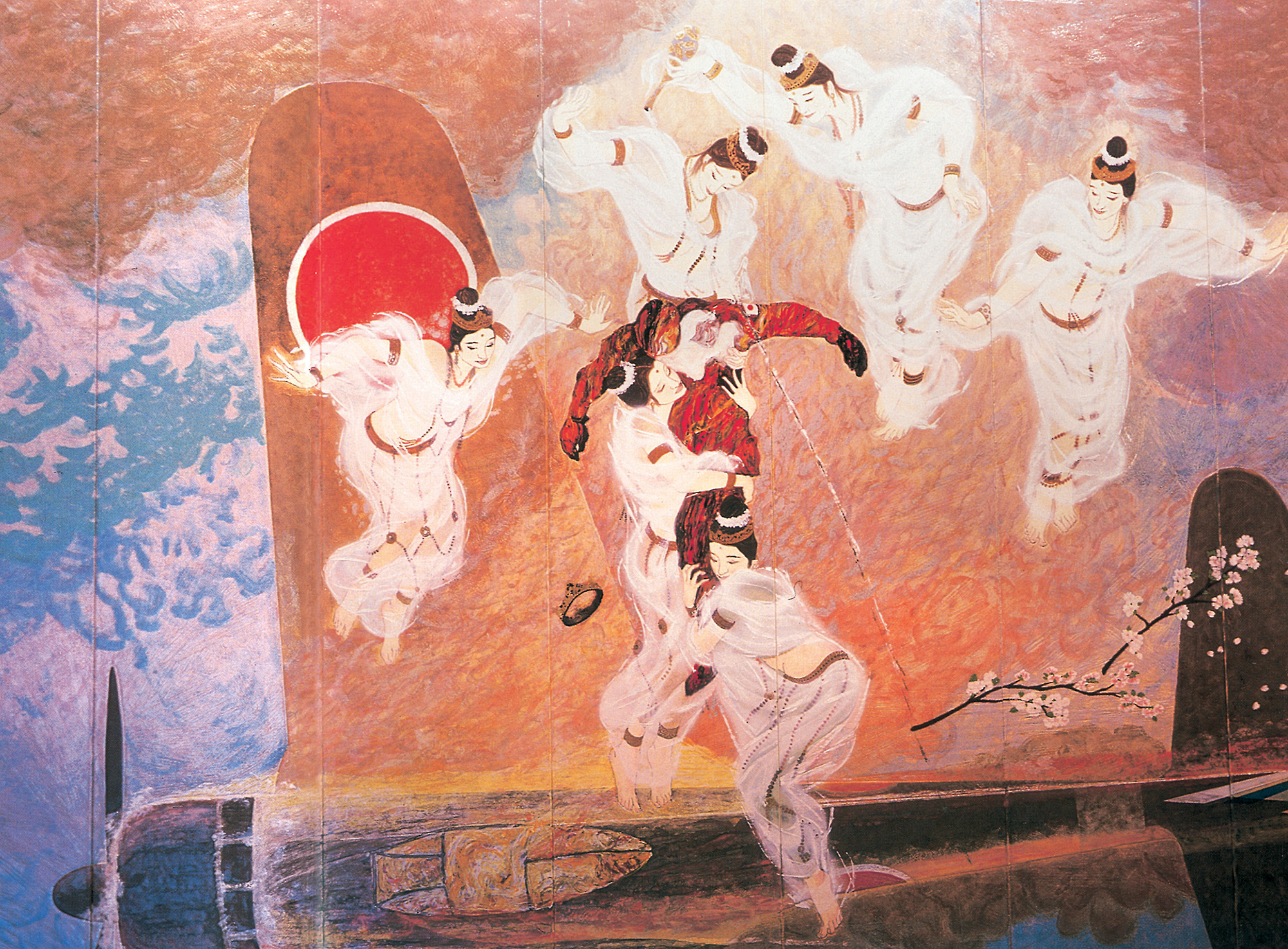 A mural by Katsuyoshi Nakaya titled “The Chiran Requiem”, depicting six heavenly maidens carrying away the soul of a Kamikaze pilot. 