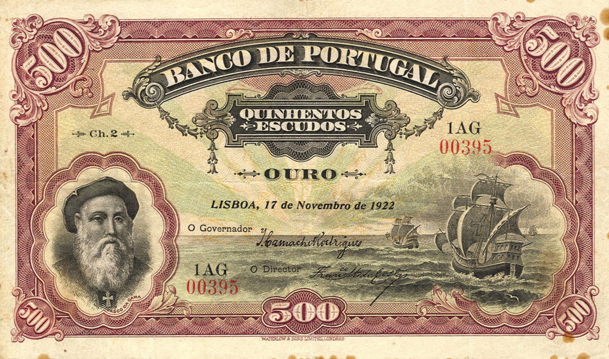 A photograph of an official five-hundred-escudo bill printed by Waterlow & Sons, London, in nineteen twenty two. 
