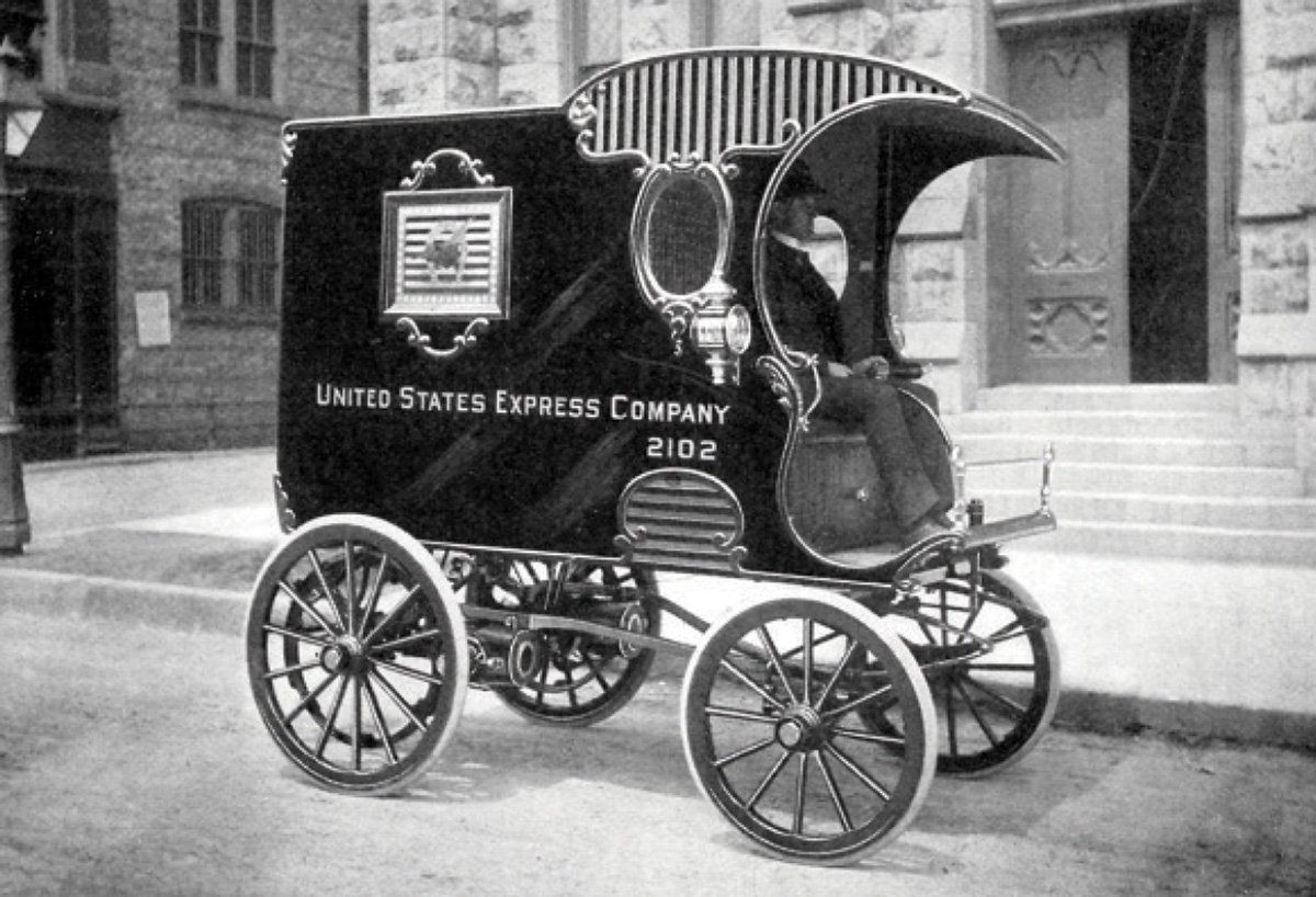 A photograph of a delivery wagon, United States, circa nineteen hundred.