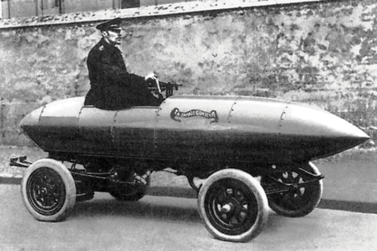 A photograph of “La Jamais Contente,” the first car to exceed one hundred kilometers per hour, France, eighteen ninety nine.
