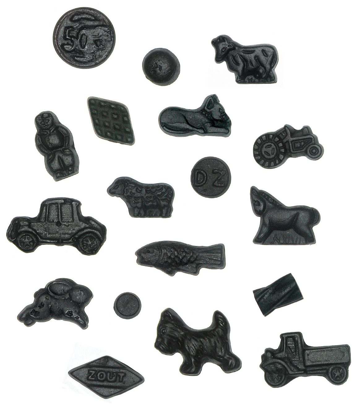 A photograph depicting eighteen different shapes of black licorice. 