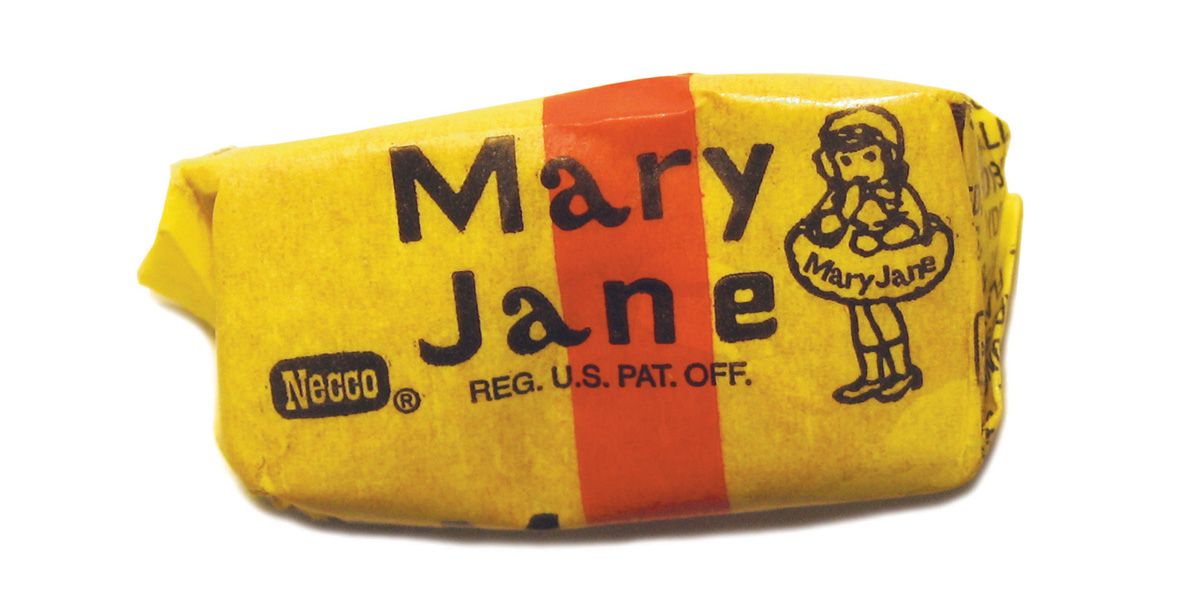 A photograph of a piece of Mary Jane candy.