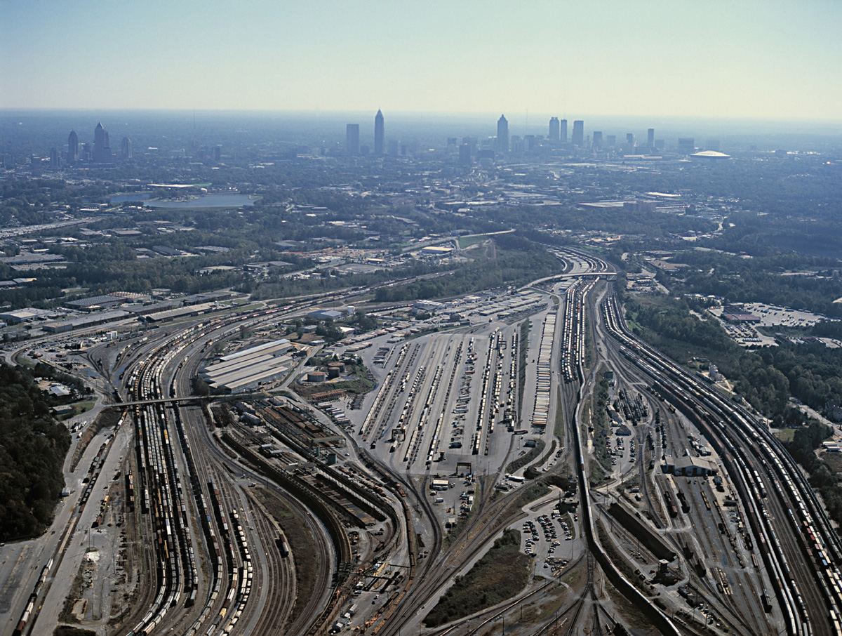 An aerial photograph of the rail hub at Norfolk Southern’s Inman Yard and CSX’s Tilford Yard, Atlanta, Georgia.