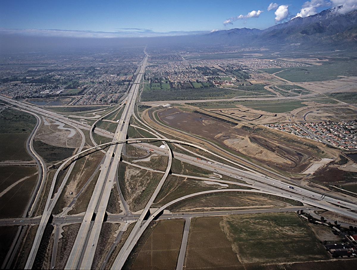 An aerial photograph of the interchange at Interstate Highway 210 and Interstate Highway 15, San Bernardino, California.
