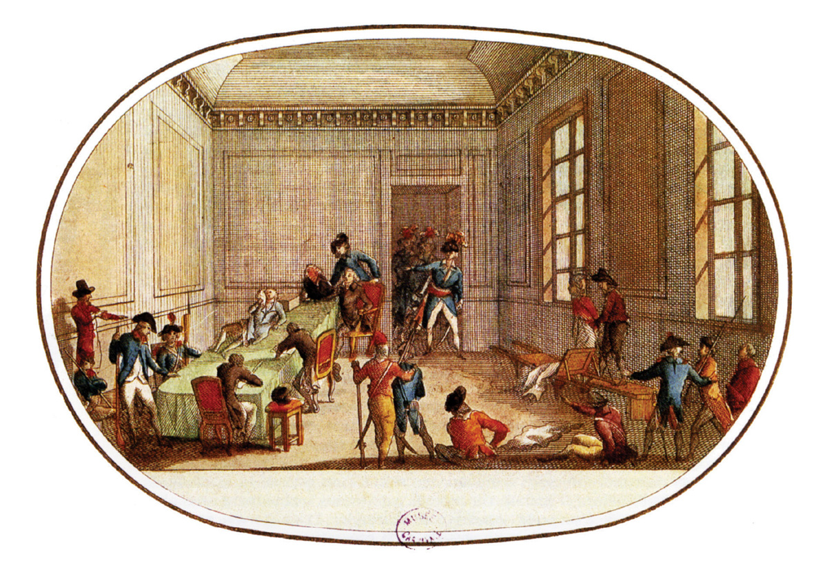 An undated engraving depicting Robespierre laid out on the table at the Committee of Public Safety, waiting to be taken to the guillotine on the morning of 10 Thermidor.