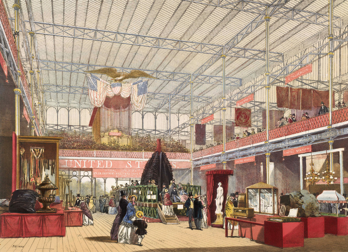 An illustration depicting the United Stat­es Court at the Crystal Palace. From Dickinson’s 