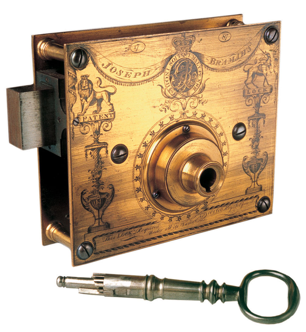 A photograph of Bramah’s patent lock, seventeen eighty seven. 
