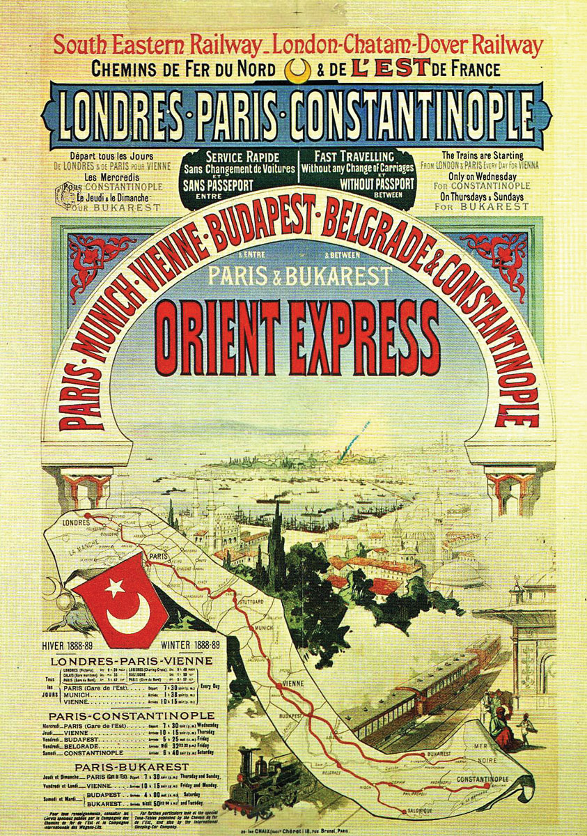 An eighteen eighty eight advertisement for travel on the Orient Express. Note that no passport was needed between Paris and Constantinople.