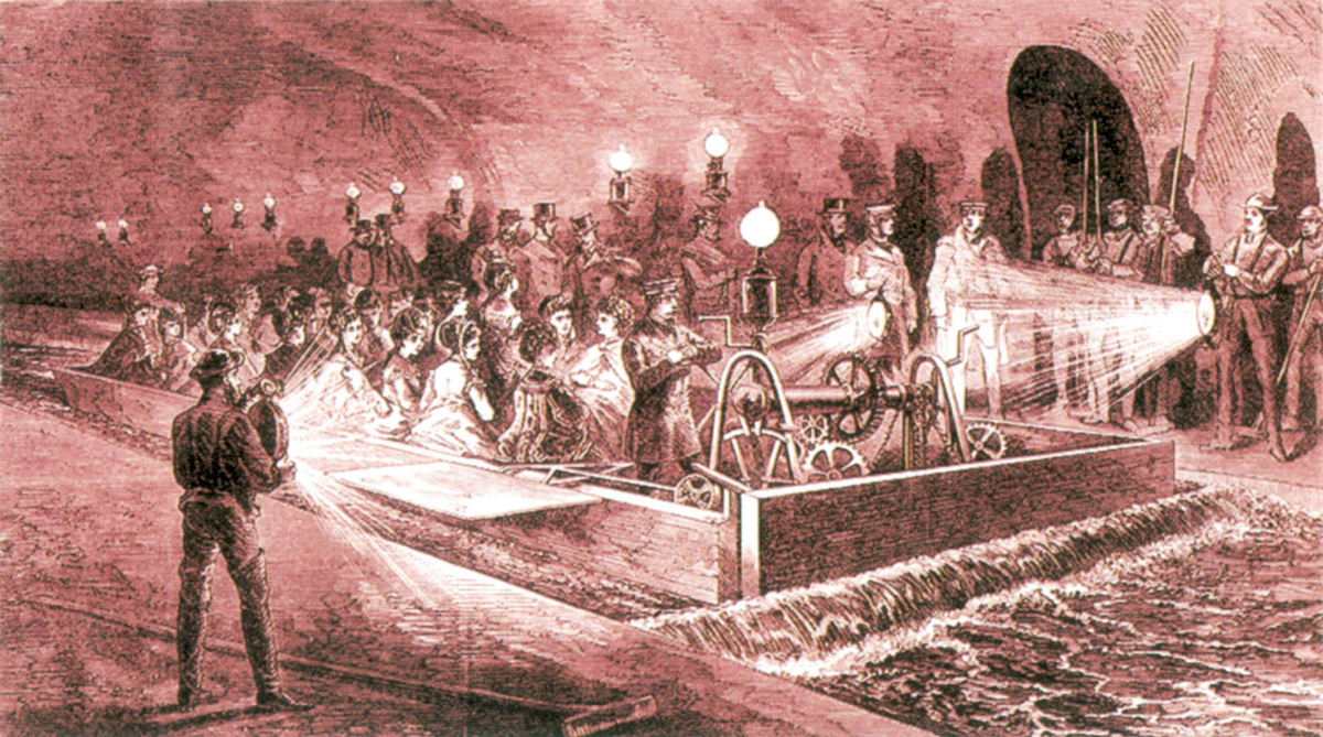 Engraving by Jules Pelcoq of boat rides offered through the modernized sewers of Paris as part of the eighteen sixty seven Universal Exposition.