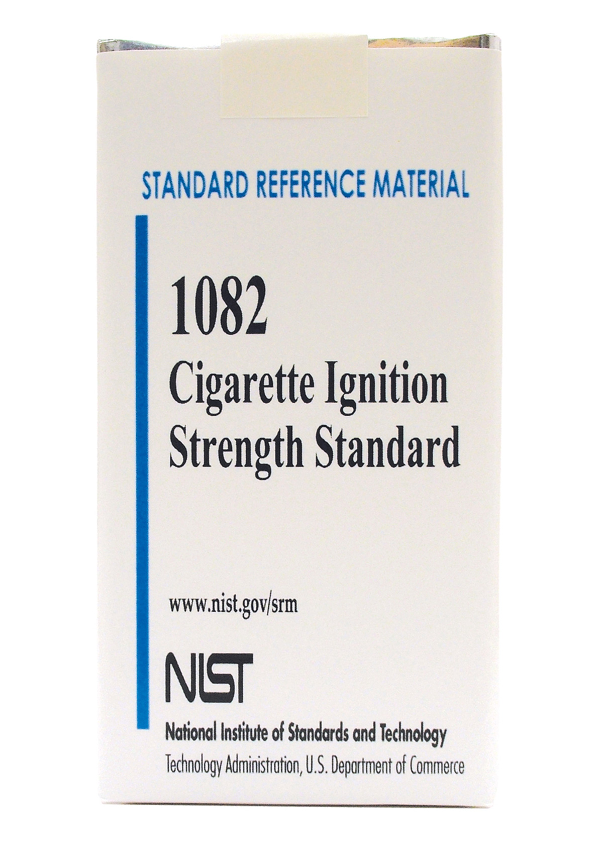 A photograph of a pack of Standard Reference Material cigarettes, ignition strength. Cartons available through the National Institute of Standards and Technology for a bargain price of $126. Additional SRMs include Brick Clay (75 grams for $282), Titanium Alloy (50 grams for $356), Carbon Dioxide in Air (cylinder for one thousand seven hundred ninety four dollars), Baby Food Composite (4 x 70 grams for $402), Organics in Whale Blubber (2 x 15 grams for $381), and Peanut Butter (3 x 170 grams for $545). 