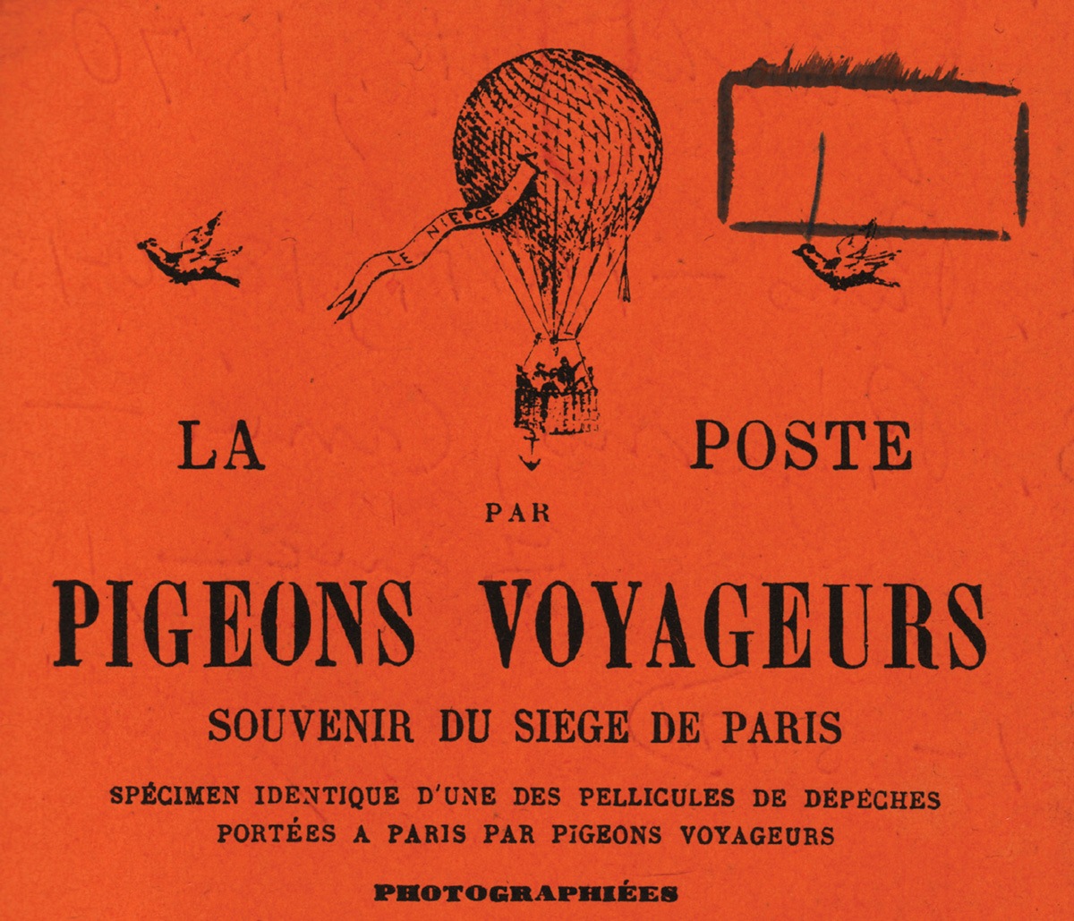 A piece of paper promoting souvenir copies of microphotographs that had been transported by pigeon mail during the eighteen seventy siege of Paris.