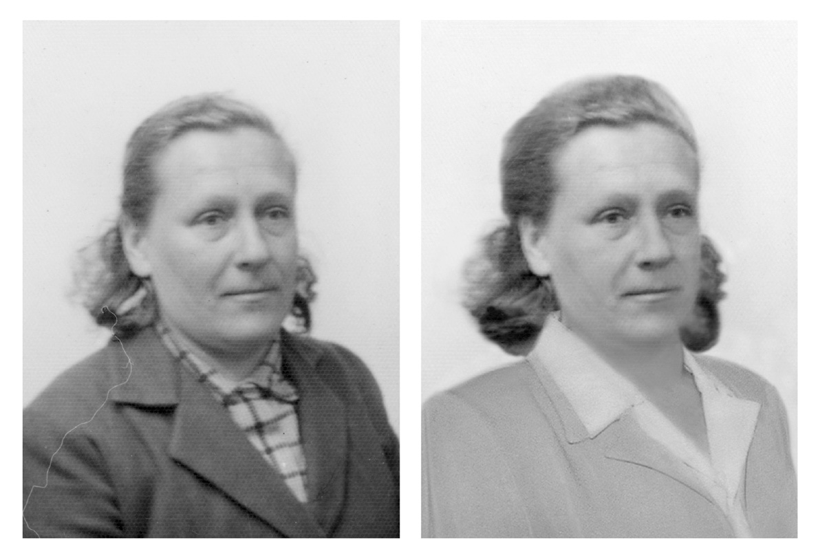 Two photographs: An older woman’s passport photo, and the same photograph altered into the form of a portrait.