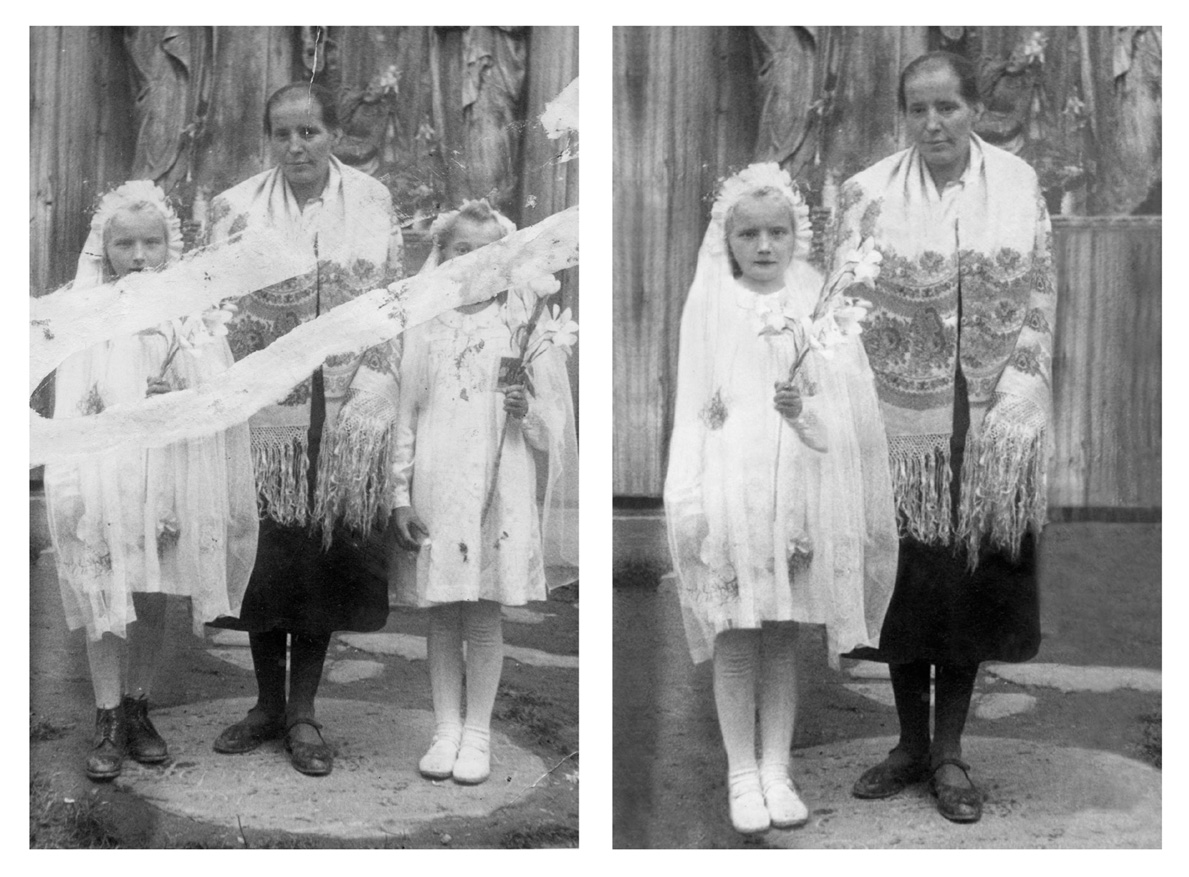 Two photographs: In one, two girls attired in communion dresses stand with their mother; in the other, one of the girls has been removed.