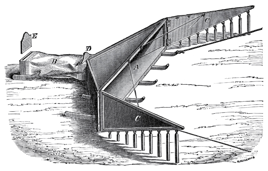 An illustration of the Riley Locust Catcher, developed by Charles Valentine Riley in eighteen seventy-eight. A light wooden frame with a canvas bag stretched around it, the device is pulled across a field by two men, drawing in locusts as it moves forward. Once the bag is full, it is detached, tied, and buried in the earth.