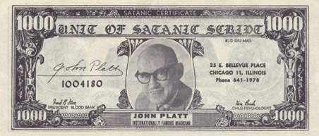 A facsimile of a US bill bearing the likeness of Johnny Platt. World-touring professional closeup magician, most famous for his Cups & Balls routine. Nearly two decades after his death, Platt’s ornate gilt cups were sold in two thousand and seven at auction in London for $1,300.