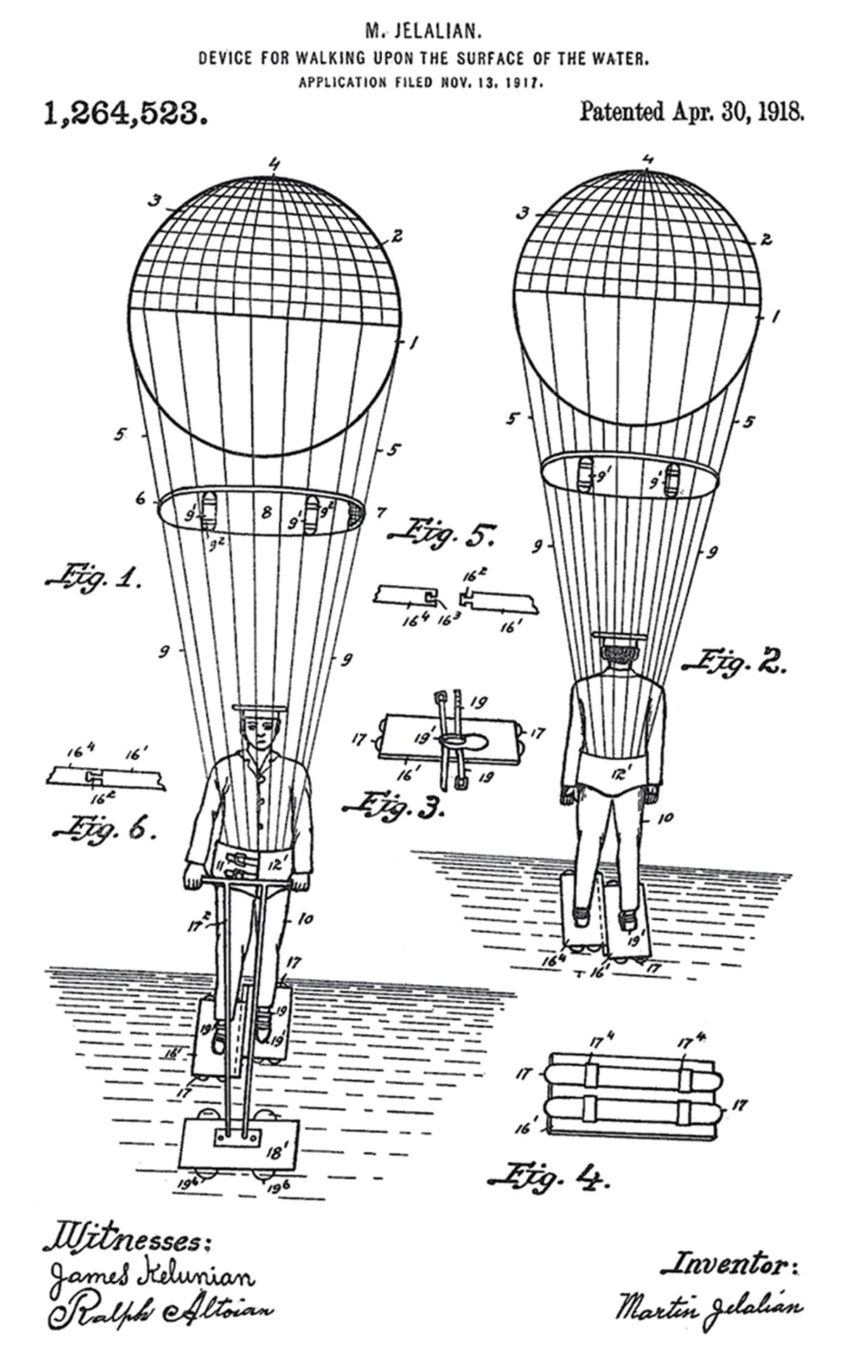 An illustration of Martin Jelian's water-walking invention.