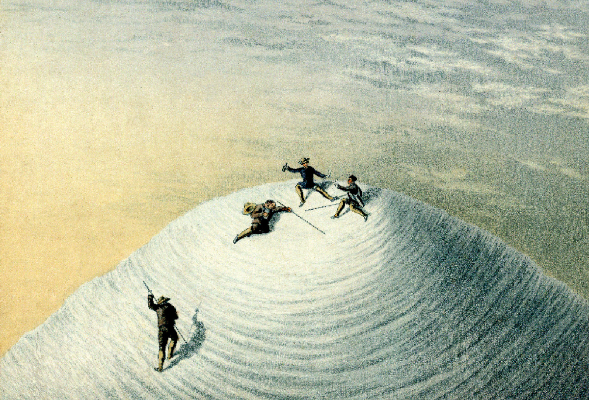 An eighteen fifty three illustration by George Baxter titled “The Summit.” Four Baxter prints illustrated Albert Smith’s book, “The Ascent of Mont Blanc.”