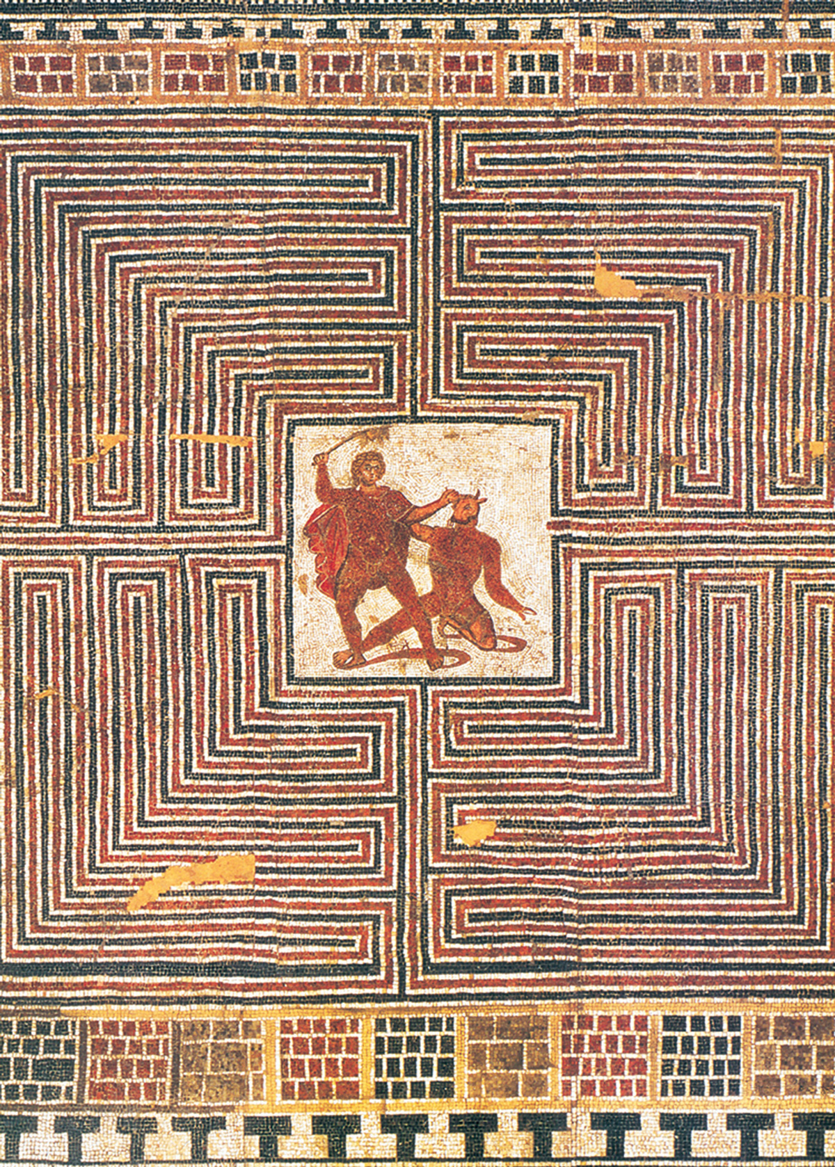 A Roman mosaic depicting the battle between Theseus and the Minotaur in the labyrinth, circa 275 to 300 CE.