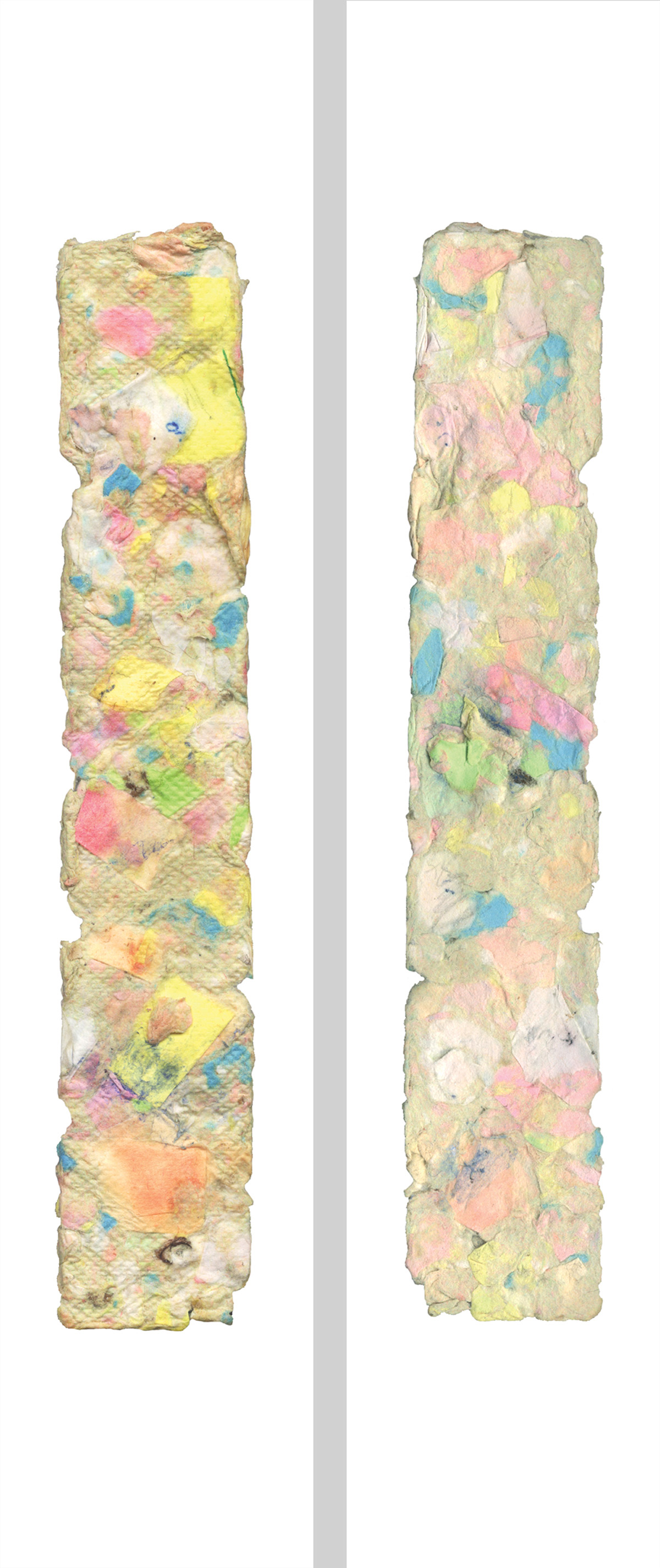 This issue's bookmark featuring two photographs, on its front and back, of a long hunk of compacted colored paper.