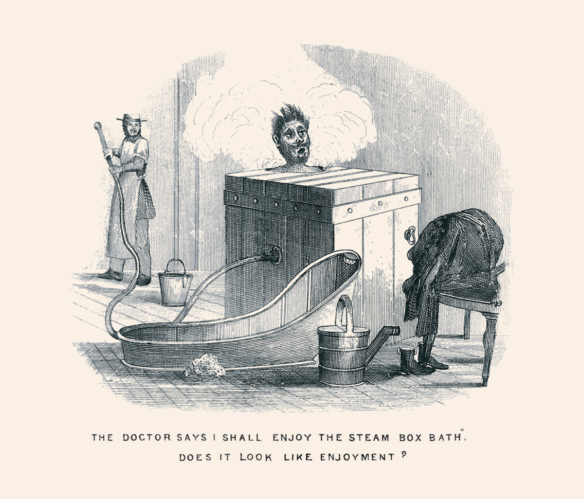 A drawing from the eighteen sixty nine British book “The Water Cure Illustrated of an unhappy-looking man enclosed in a steam machine. The caption reads: “The doctor says I shall enjoy the steam box bath Does it look like enjoyment?.”