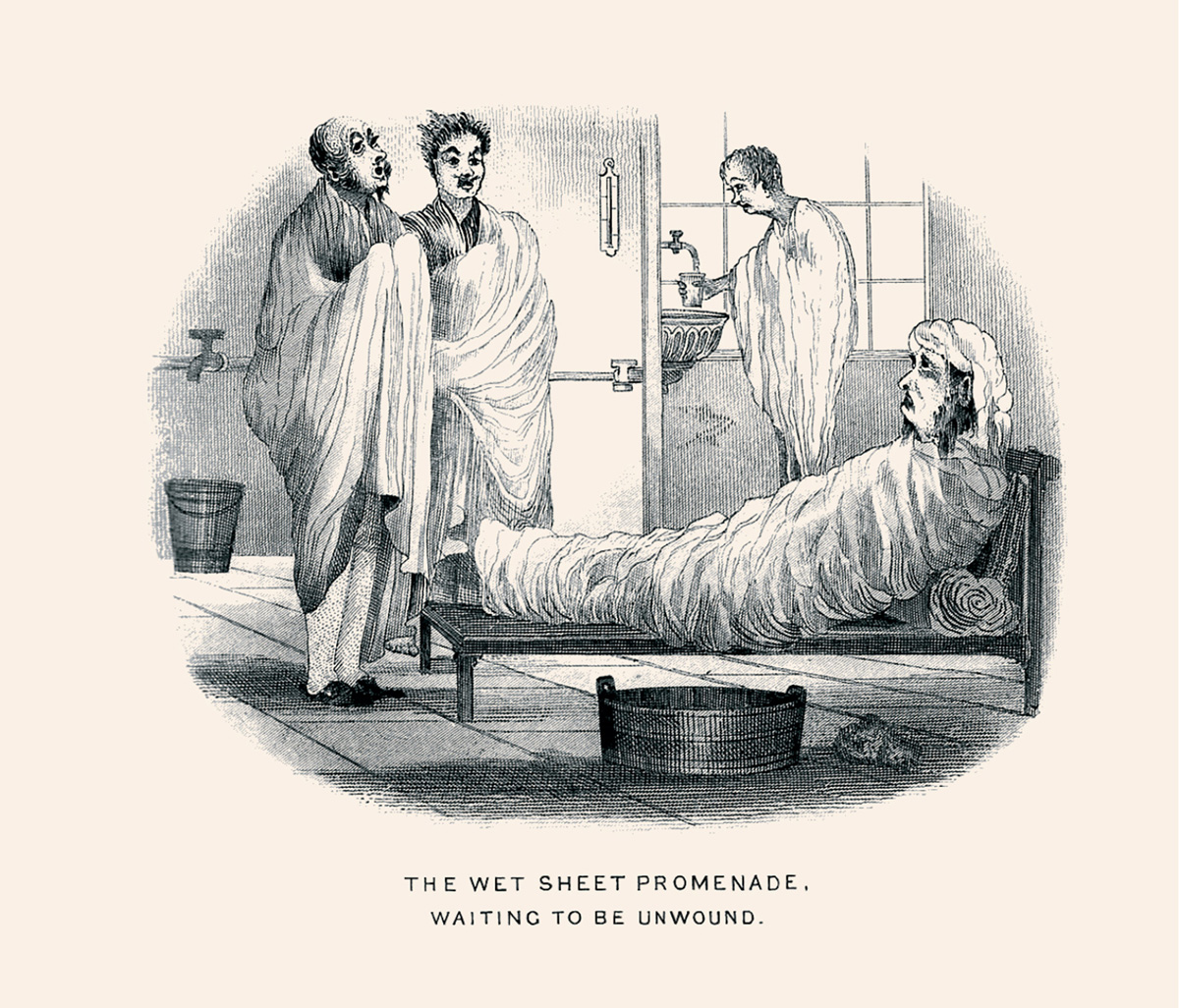 A drawing from the eighteen sixty nine British book “The Water Cure Illustrated of a people wrapped in sheets. The caption reads: “The wet sheet promenade, waiting to be unwound.”