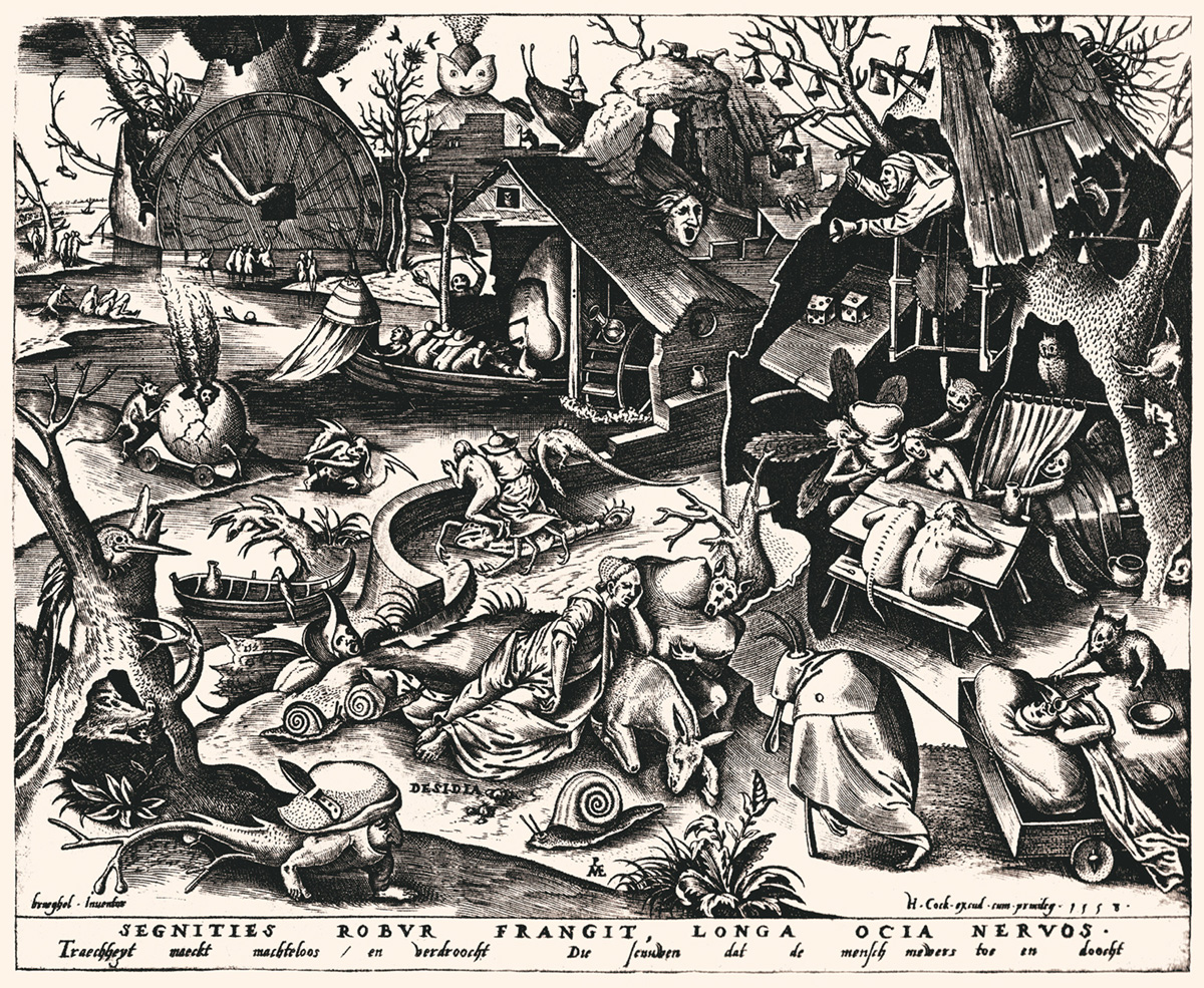 An engraving based on a fifteen fifty seven drawing by Pieter Brueghel the Elder titled “Sloth,” from his “The Seven Deadly Sins.”