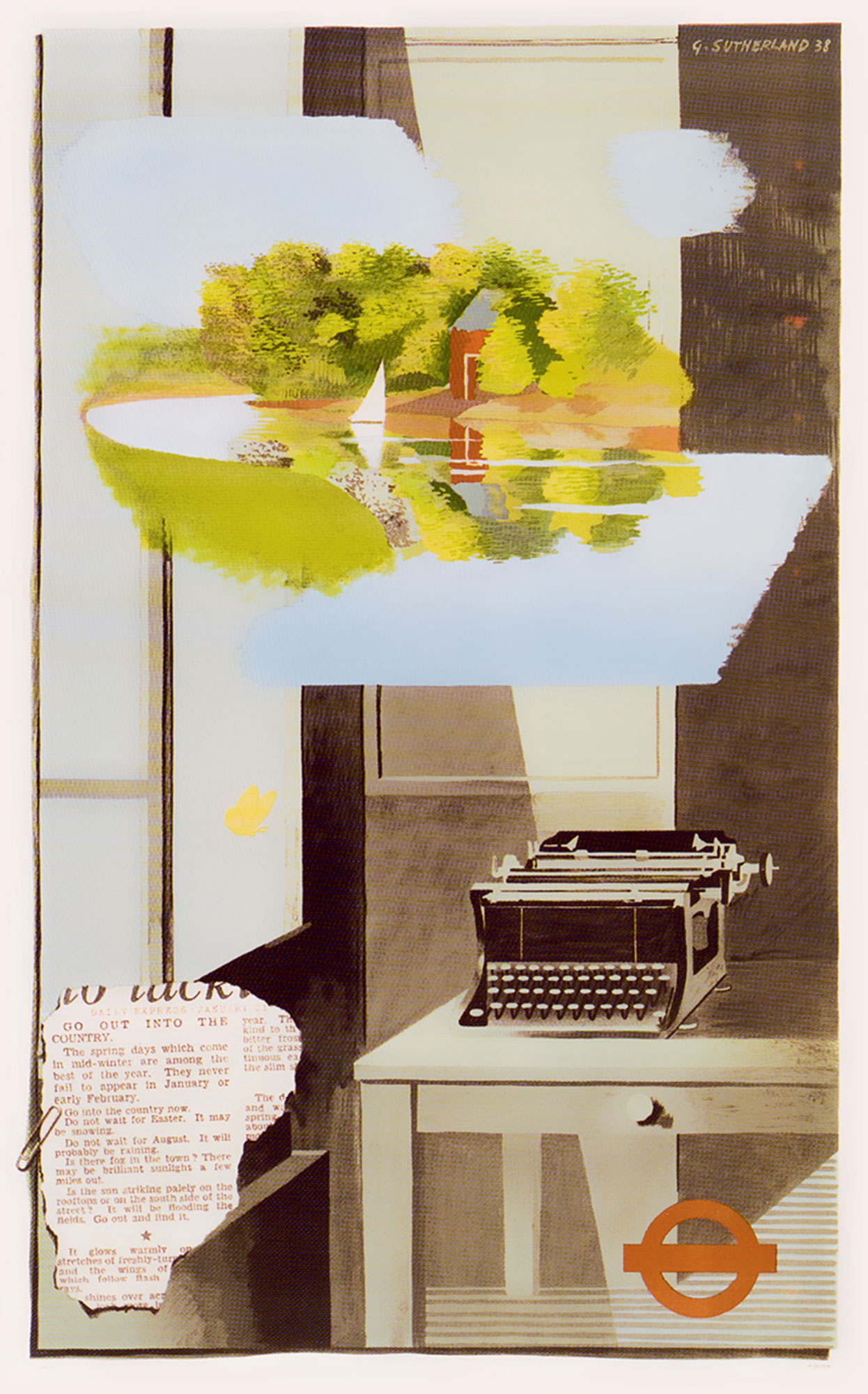 Graham Sutherand’s nineteen thirty-eight London Transport poster titled “Go Out Into the Country” depicting a dreamscape of the countryside floating above a typewriter in an office.