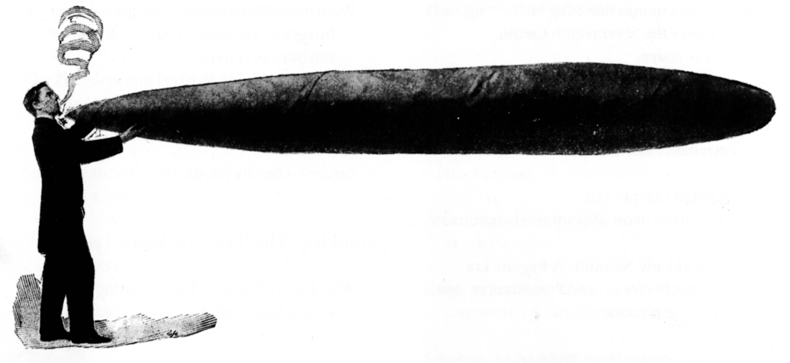 A drawing of the Colossal Cigar which shows the amount of tobacco inhaled by a smoker over fifty years.