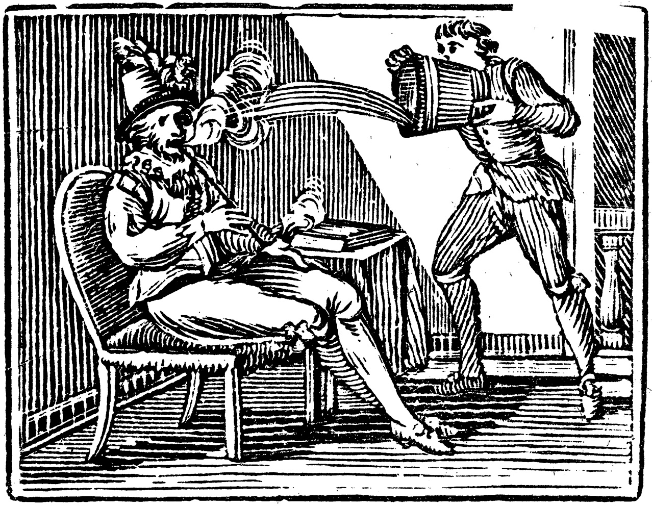 A mid-nineteenth century wood engraving which depicts Sir Walter Raleigh smoking a pipe and being doused by a servant who thinks he’s on fire. 
