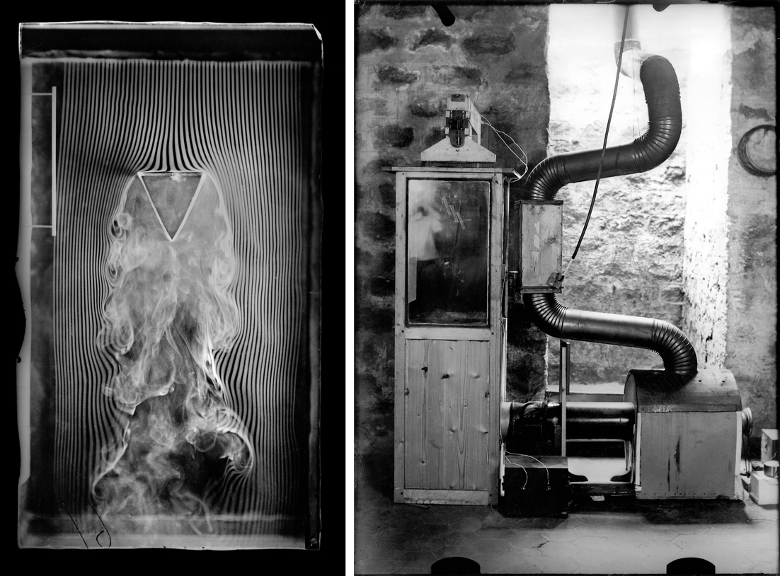 Two images, the first is a 1901 photograph by Etienne-Jules Marey of a smoke machine equipped with 57 channels. The second is a photograph of the fourth and final verson of Etienne-Jules Marey's smoke machine.