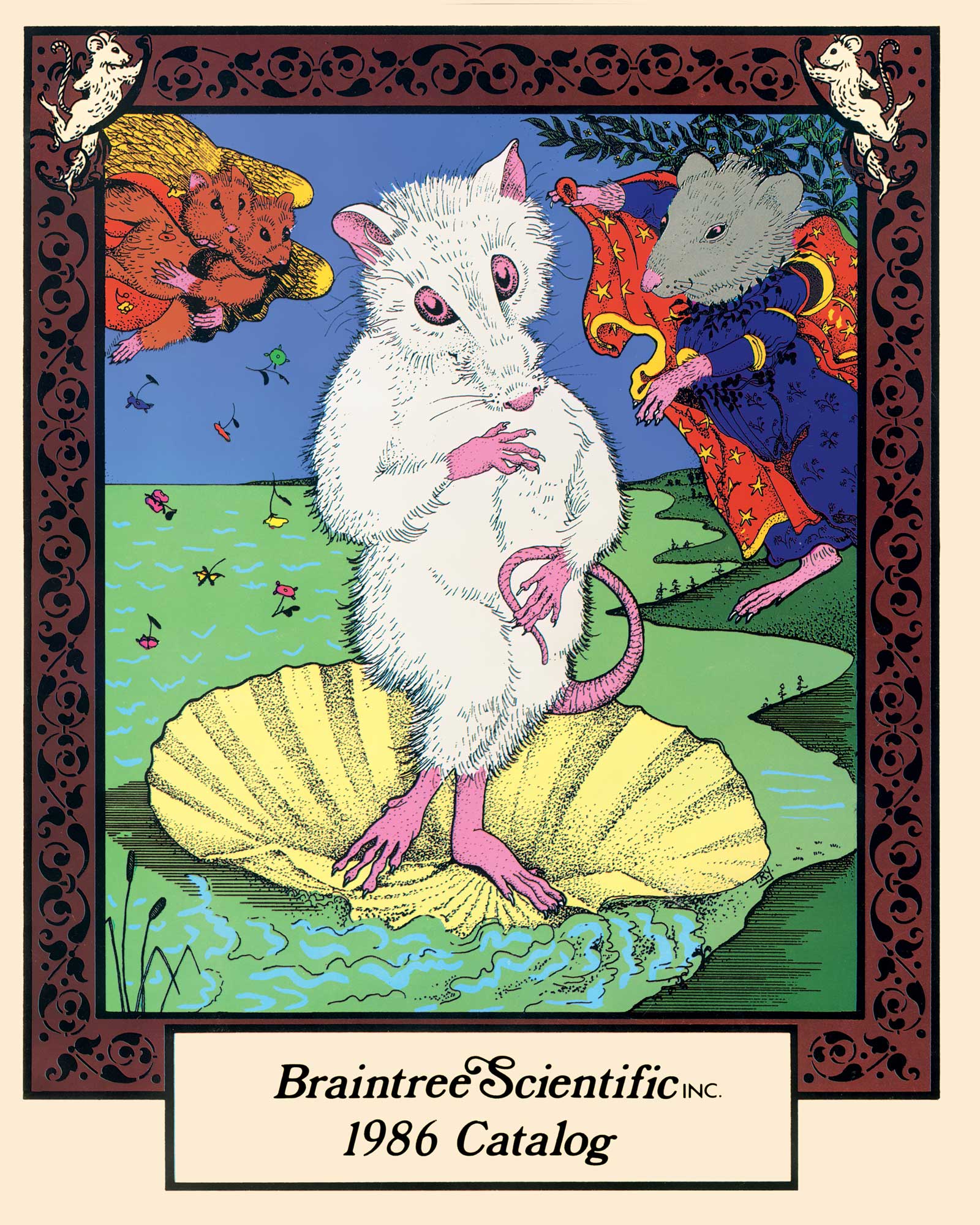 A cover of Braintree Scientific Incorporated’ nineteen eighty-six product catalog, depicting a reworking of Botticelli’s Birth of Venus in which all the figures are replaced with cartoon rats. The coy Venus-rat, who, lacking the long golden hair of Venus, resorts to using her tail to hide her genitals.
